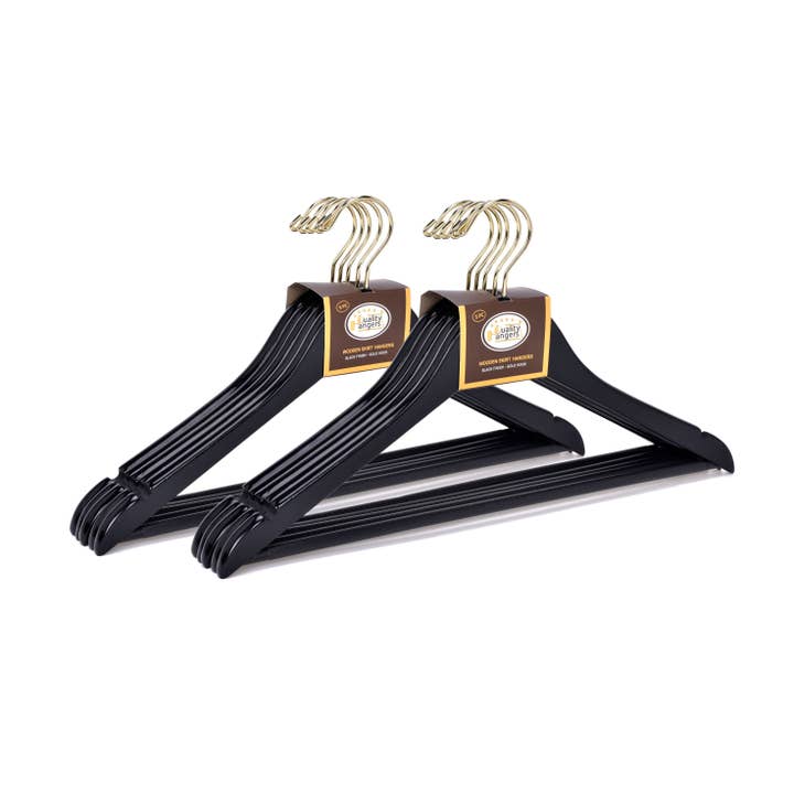 Quality Hangers - Wholesale Clothes Hangers - W070 Semi Curved Wooden Hangers, 17.5" -Black/Gold Hook - 80