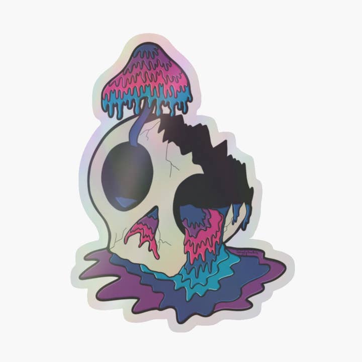 Allergy Season Skull and Mushroom Psychedelic Sticker for wholesale by SquigglyDoo Arts