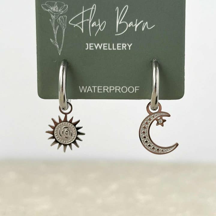 Tarnish Resistant Sun and Moon Huggie Earrings for wholesale by Flax Barn