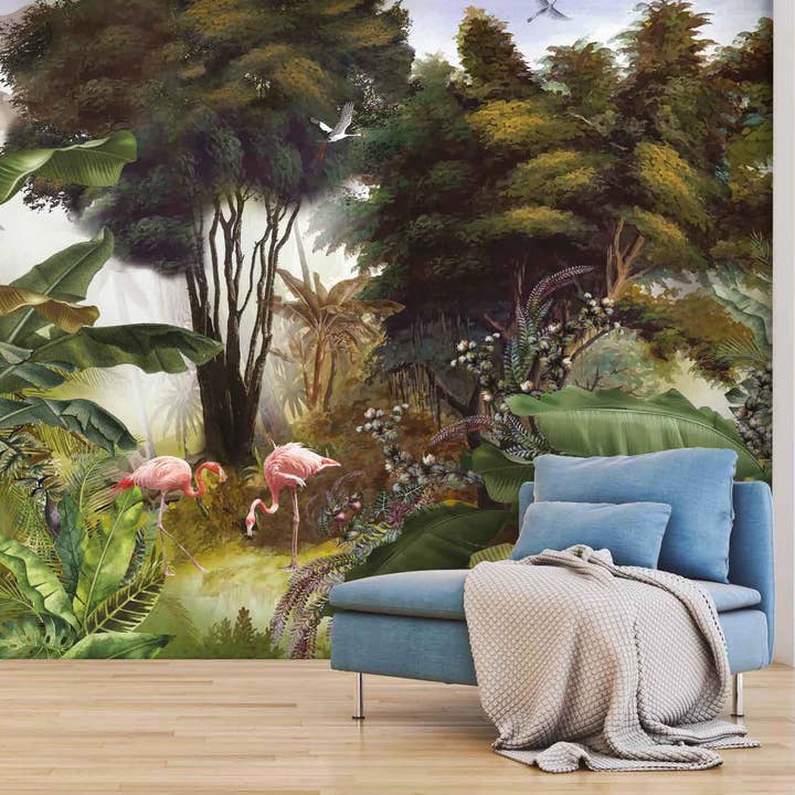 Exotic Jungle Mural Vibrant Flamingos and Tropical Foliage for wholesale by GK Home Decor