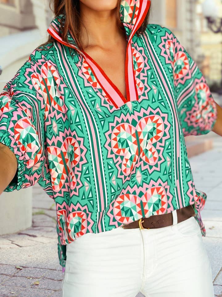 Green Boho Abstract Print Contrast Striped Collared V Neck Blouse for wholesale on Faire