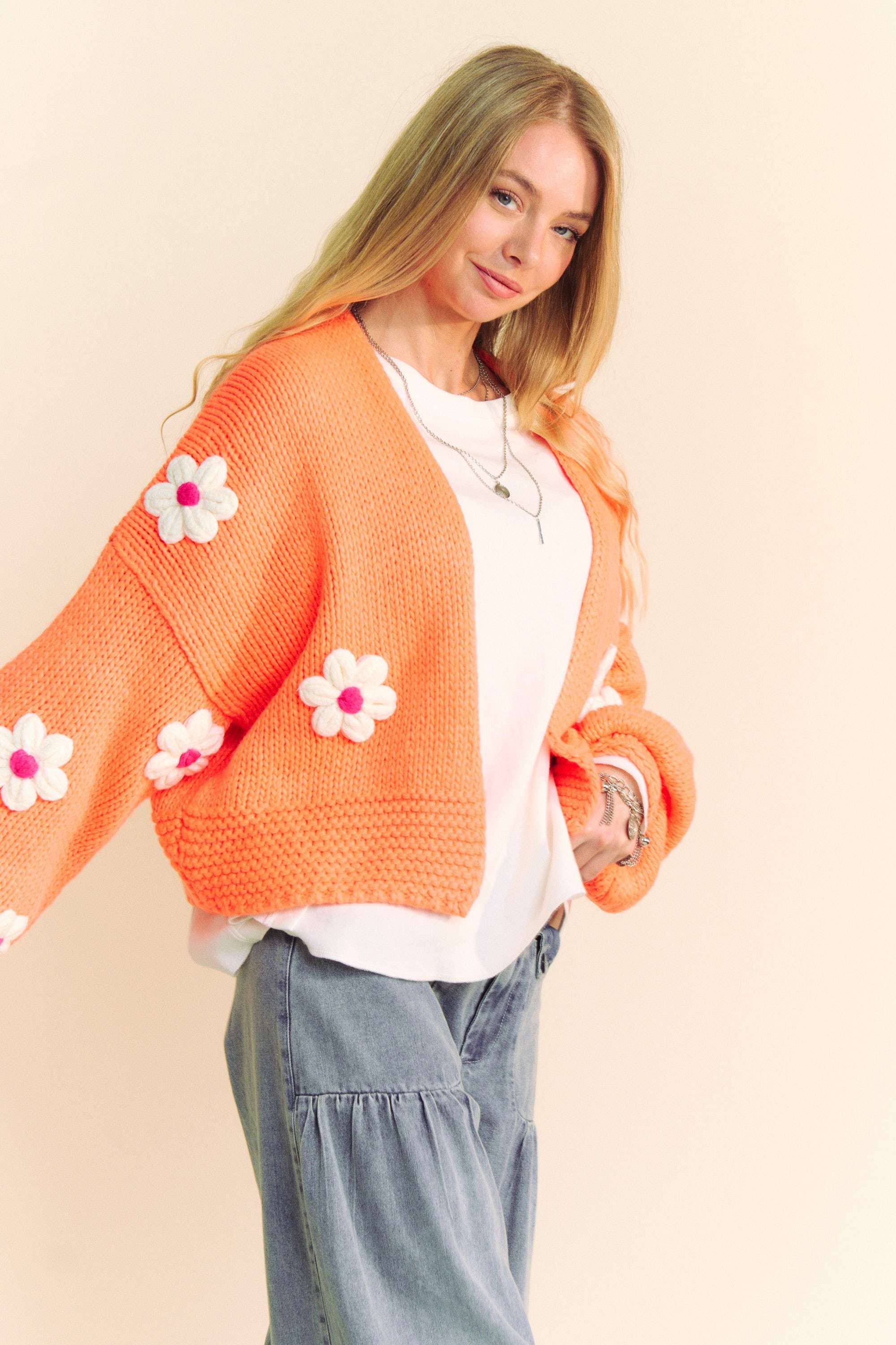 NEON ORANGE PLUS FLORAL APPLIQUE LANTERN SLEEVE CROP CARDIGAN for wholesale on Faire5