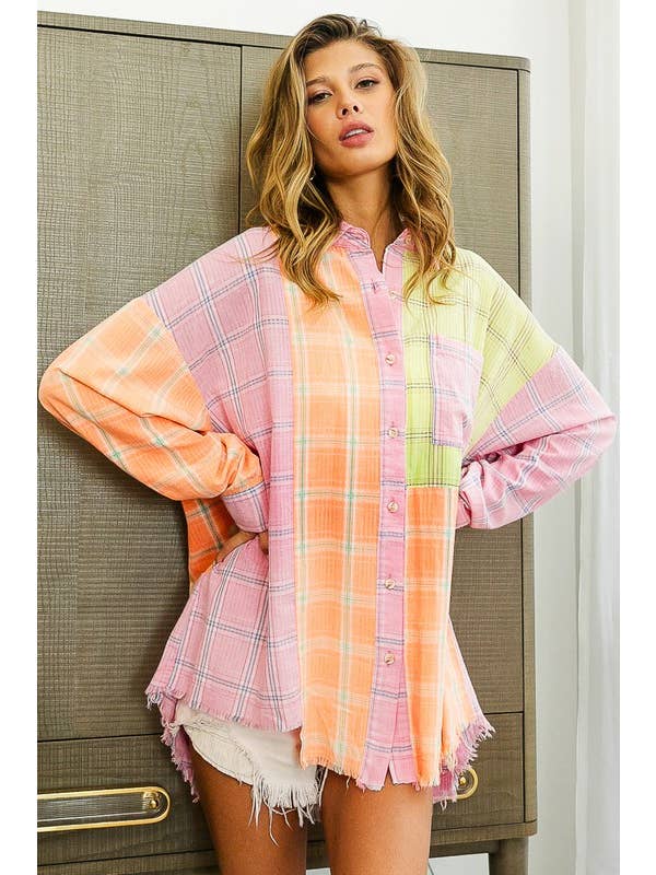 PINK PEACH LIME Bleach Washed Check Plaid Shirt for wholesale on Faire