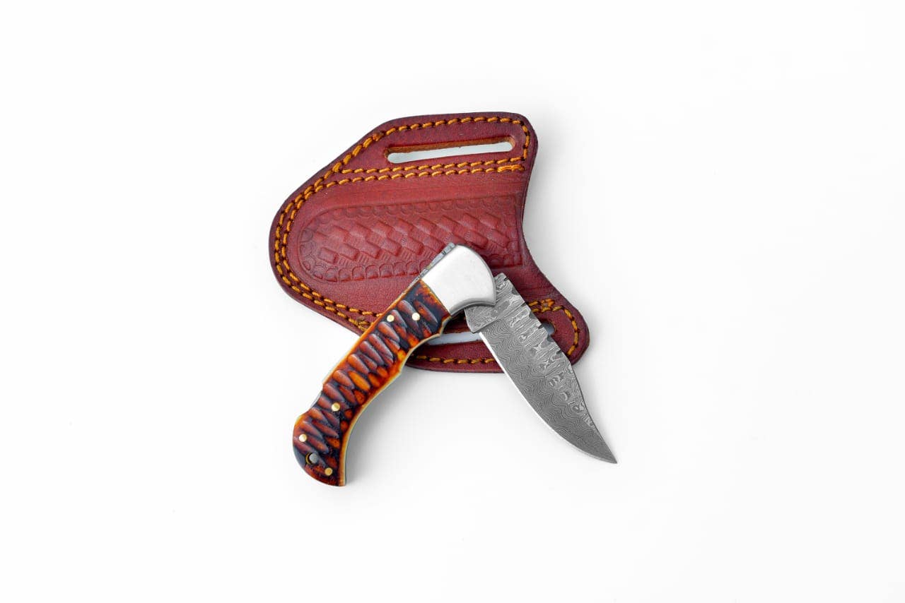 Titan International - Wholesale Pocket Knife/Holder - Stag Horn Style Damascus Folding Knife with Leather Sheath1