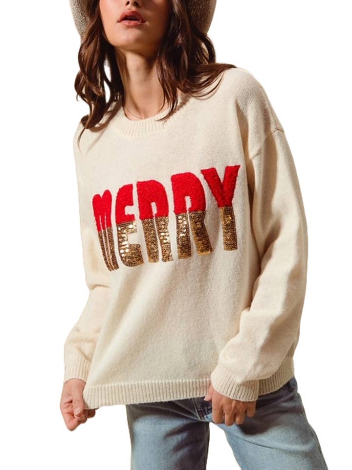 Vanilla Monkey - Wholesale Knit Sweater - Women's - Sequin Merry Lettering Christmas Sweater