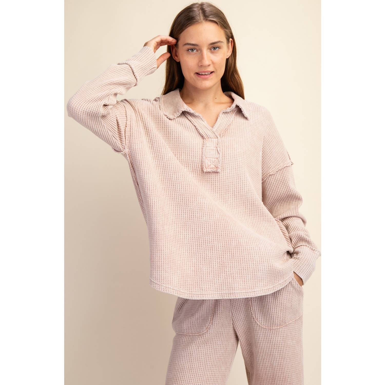 Rae Mode - Wholesale Athletic Top - Women's - MINERAL WASHED WAFFLE POLO SWEATSHIRT2