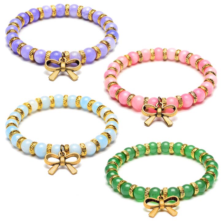 Bow Tie Charm Natural Stone Beaded Stretch Bracelet for wholesale by West Coast Jewelry