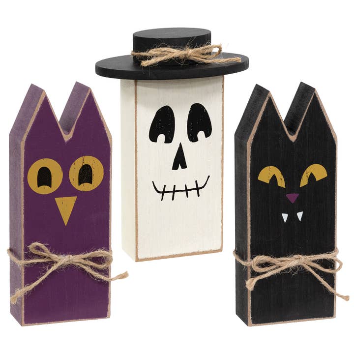 3/Set - Wooden Primitive Halloween Friend Block Sitters for wholesale by The Hearthside Collection