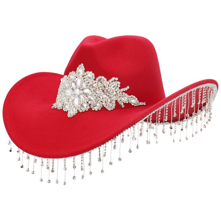 Cap Zone - Wholesale Cowboy Hat - Women's - Crystal Flower Bling Rhinestone Fringe Trim Cowgirl Hat5