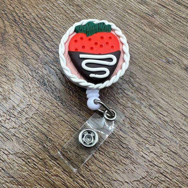 Making with Molli - Wholesale Badge Accessory - Women's - Polymer Clay Chocolate Covered Strawberry ID Badge Reel0