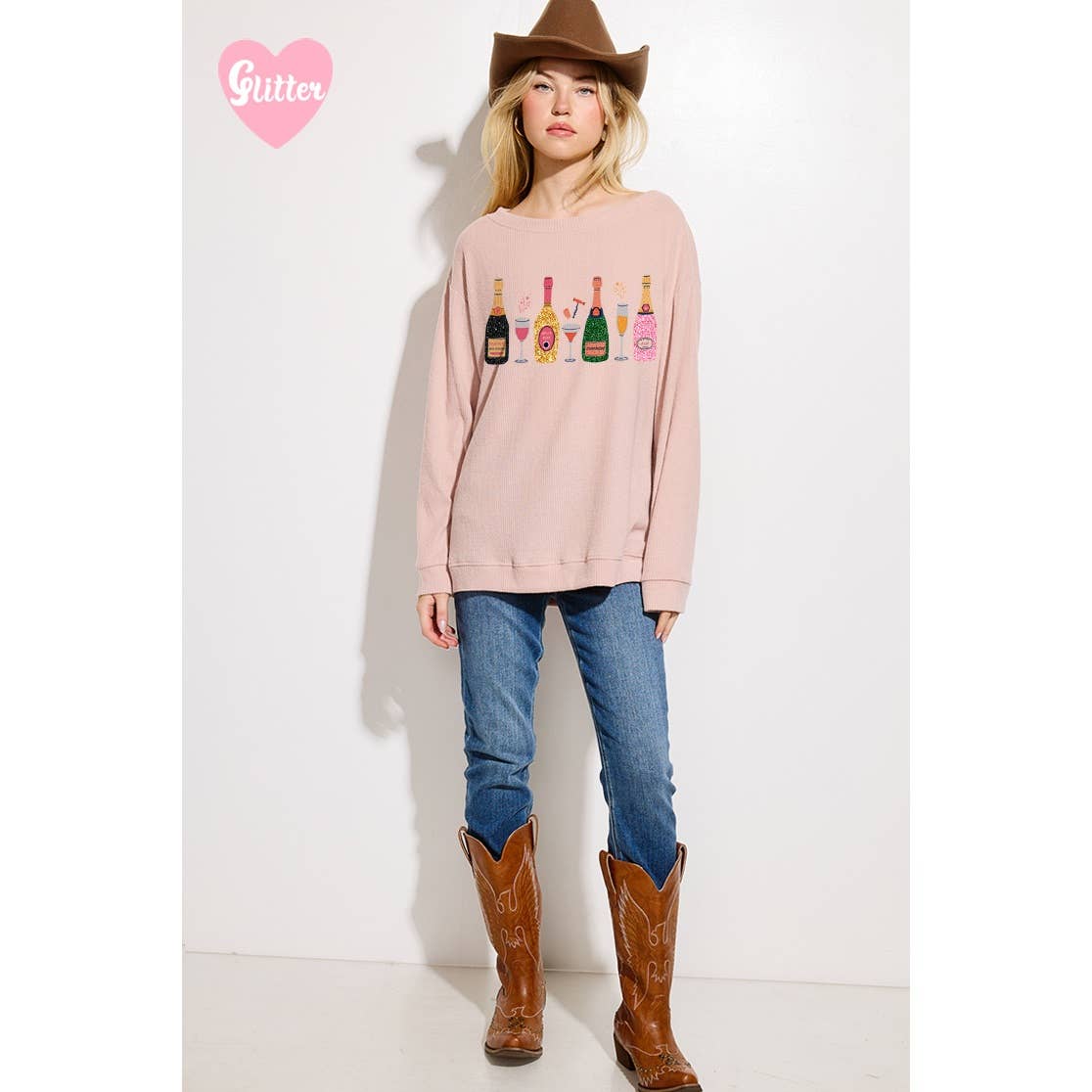 Phil Love - Wholesale Graphic Sweatshirt - Women's - Champagne bottle glitter Ribbed Long Sleeve Top4