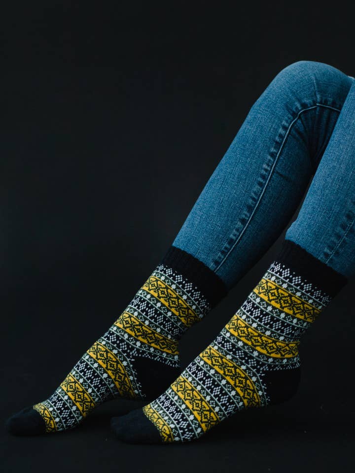 Panache Apparel Co. - Wholesale Socks - Women's - Dk Navy, Yellow & Olive Pattern Socks