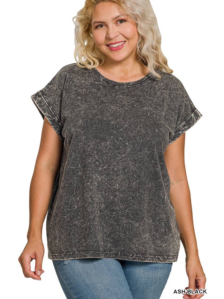 Vanilla Monkey - Wholesale Knit Top - Women's - Plus Crinkle Washed Round Neck Folded Short Sleeve Tee