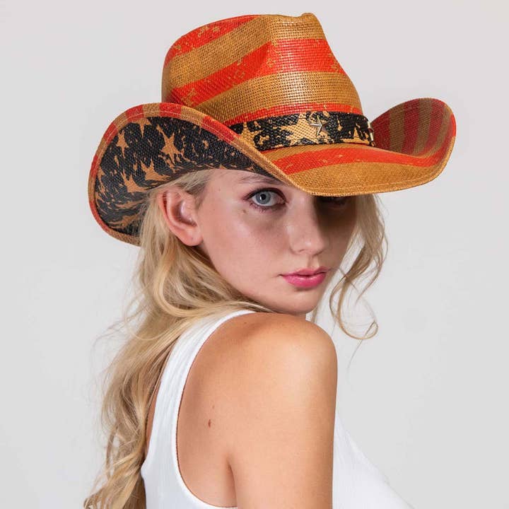Patriotic Western USA Flag Paper Braid Cowboy Hat for wholesale by SP Sophia Collection