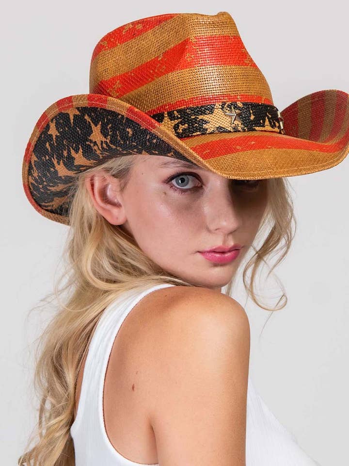 Patriotic Western USA Flag Paper Braid Cowboy Hat for wholesale by SP Sophia Collection