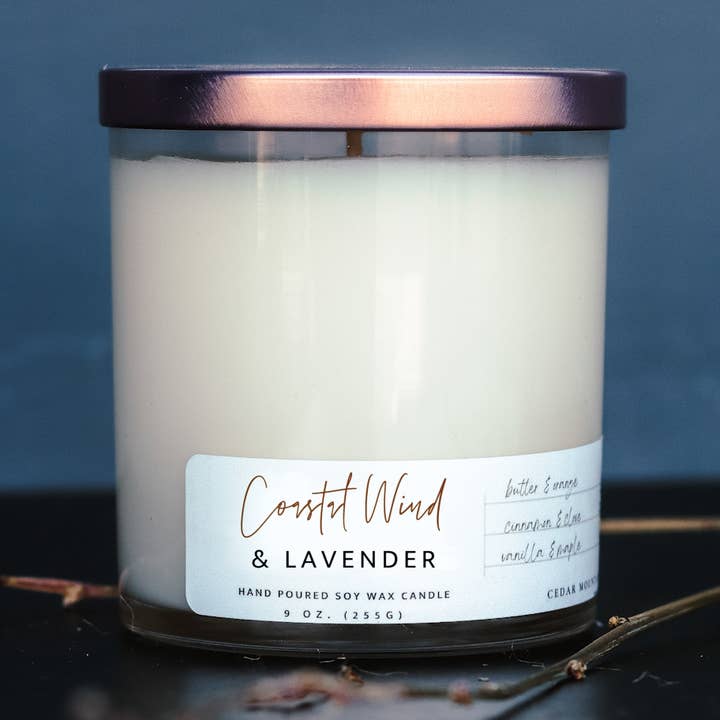 Vela de vidrio para whisky Coastal Wind & Lavender de 9 oz para venta al por mayor de Cedar Mountain Candle