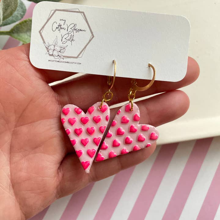 Neon Pink, Textured Heart, Gold Huggie, Clay Earrings for wholesale by My Cotton Blossom Belle