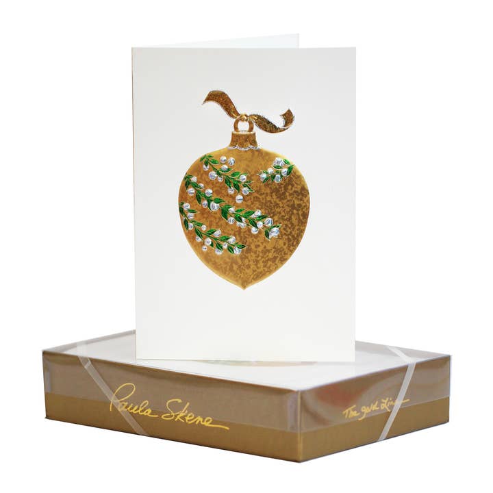Berry Branch Ornament on Ecru Christmas Card for wholesale by PAULA SKENE DESIGNS