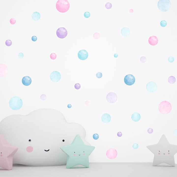 Lot de 110 autocollants muraux à pois aquarelle pour chambre d'enfant, décalcomanies murales rose, bleu et violet pour salle de jeux, décoration de bulles pour chambre de fille, autocollants pastel pour la vente par Decals Online