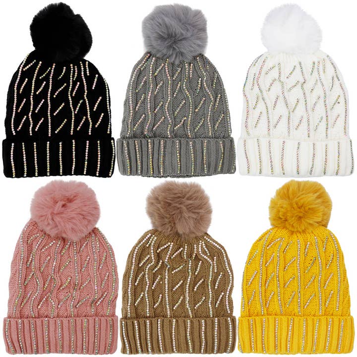 ASSORTED AB Color Bling Chunky Knitted Fleece Lined Beanie for wholesale on Faire1