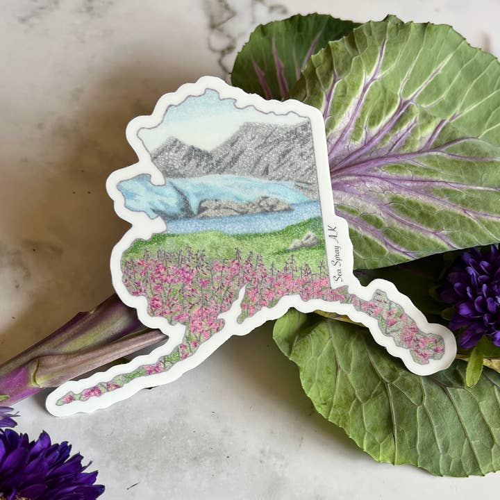 Alaska State Map Wildflowers and Glacier Vinyl Sticker for wholesale by Sea Spray AK