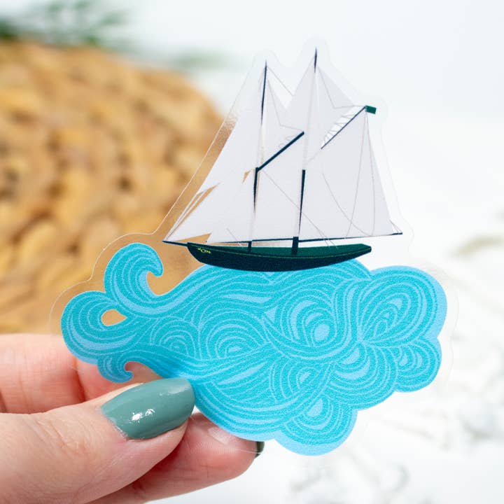 Paper Pattern Silk - Vente Autocollant - Autocollant Bluenose transparent représentant un grand voilier sur une vague, 9,9 x 3 pouces0