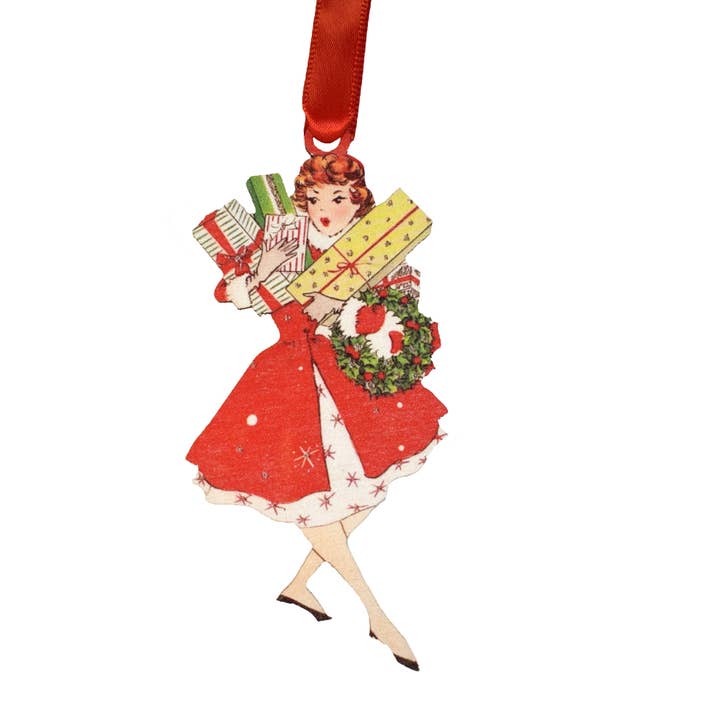 Buy Socks You All - Wholesale Ornament - Vintage Lady with Presents Wooden Ornament0