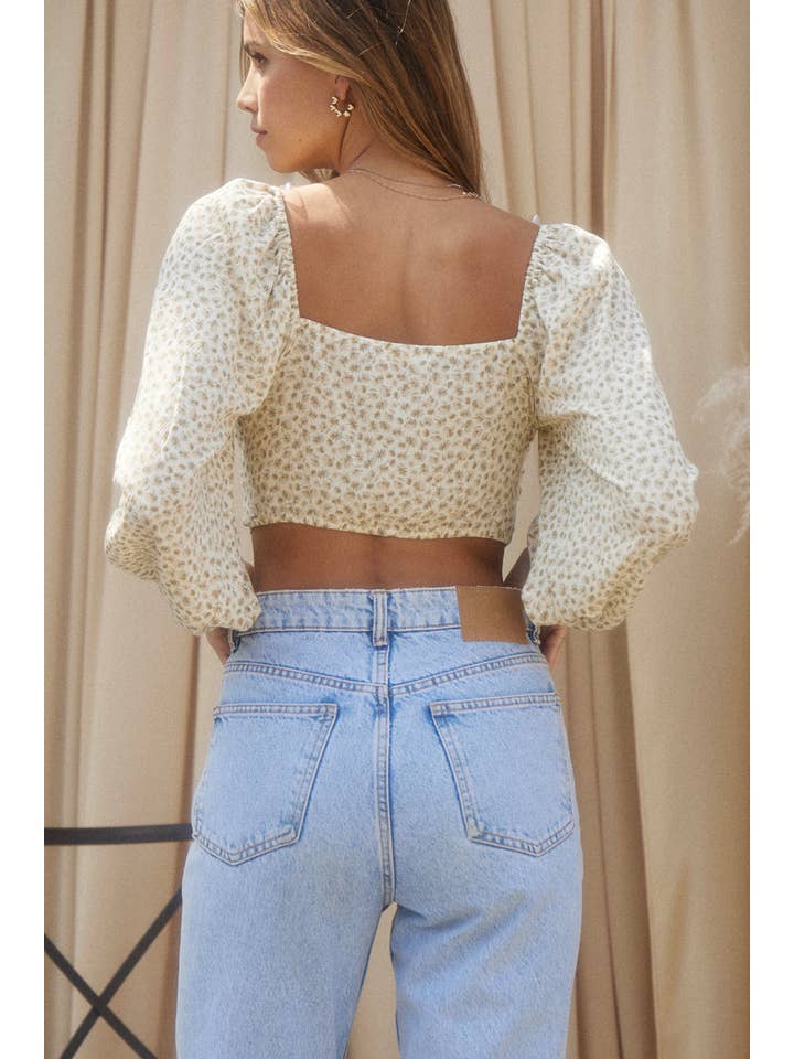 OLIVE BEIGE DJT5511 HALF SLEEVE PEASANT CROP TOP WITH TIE for wholesale on Faire