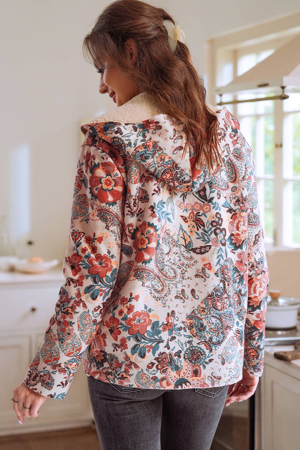 As Shown Vintage Paisley Floral Printed Sherpa Lined Hooded Jacket for wholesale on Faire5