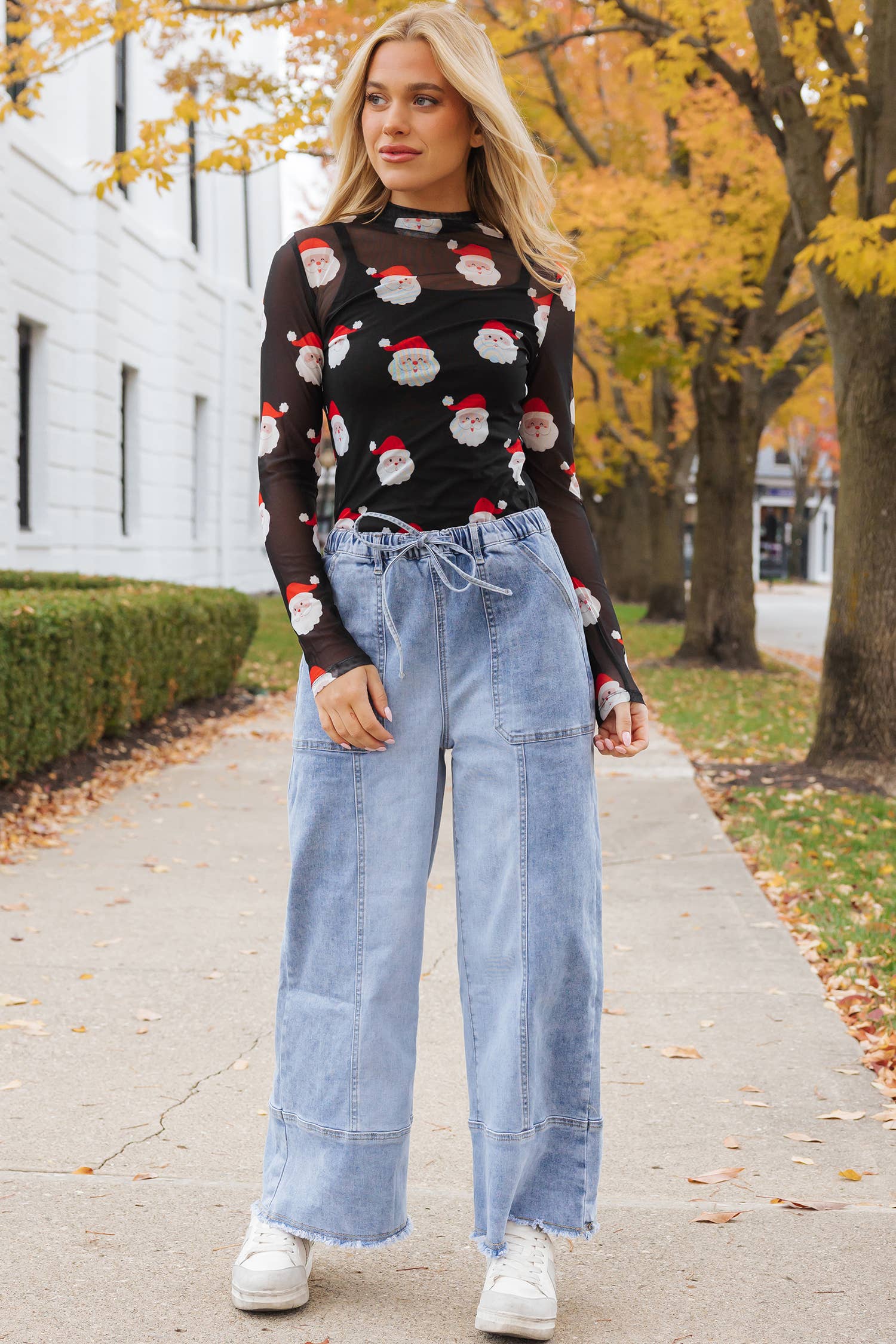 Black Christmas Santa Print Mesh Long Sleeve Top | S-XL  for wholesale on Faire7