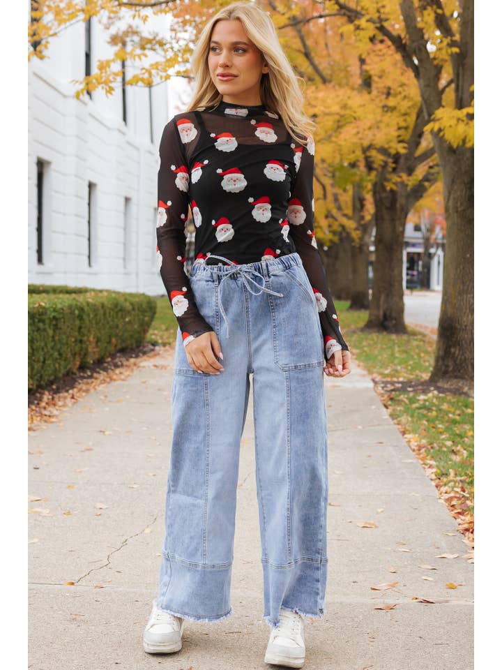Black Christmas Santa Print Mesh Long Sleeve Top | S-XL for wholesale on Faire7