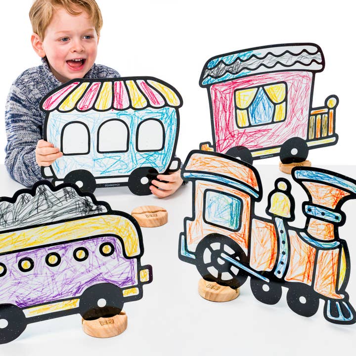 Train Color & Play Set | 12 Pack | Train Engine, Freight Car, Passenger Car, and Caboose for wholesale by Doodleface