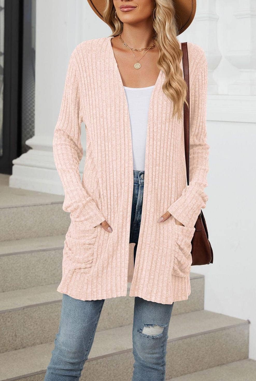 FULL TIME PURCHASE - Vente Cardigan – femme - Gilet en maille uni à manches longues avec poches2