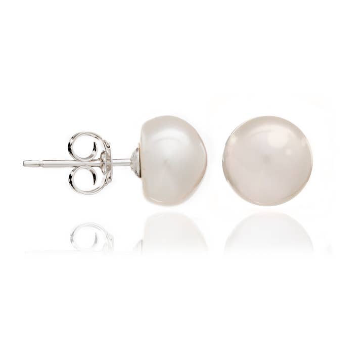 Button-shaped cultured freshwater pearl studs - white for wholesale by Pearls of the Orient