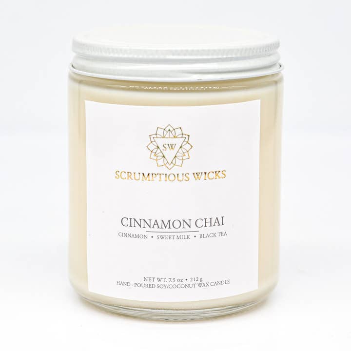 Cinnamon Chai 7.5oz soy/coconut wax glass jar candle for wholesale by Scrumptious Wicks