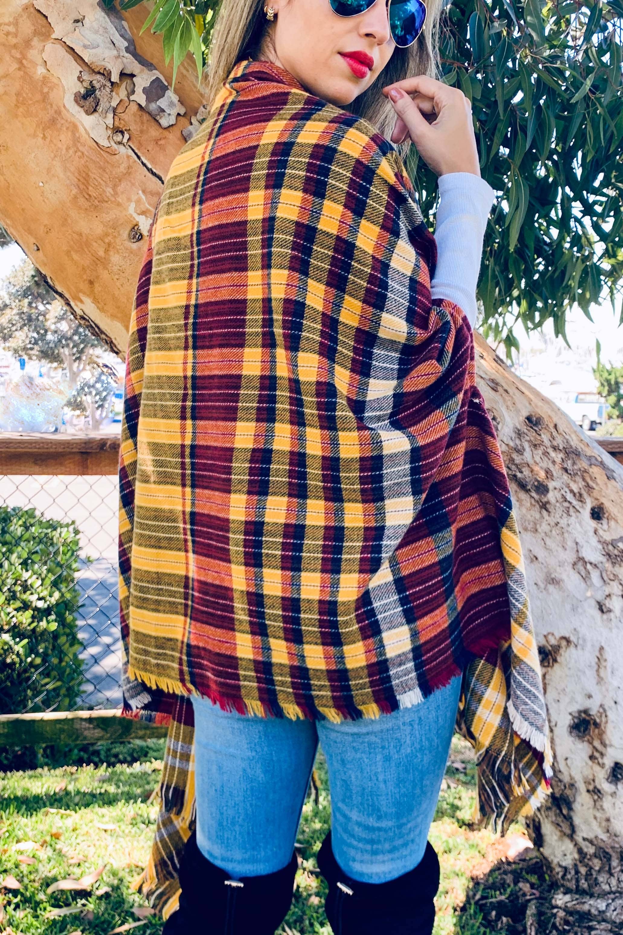 Mustard Plaid Knitted Shawl Scarf With Pocket for wholesale on Faire6