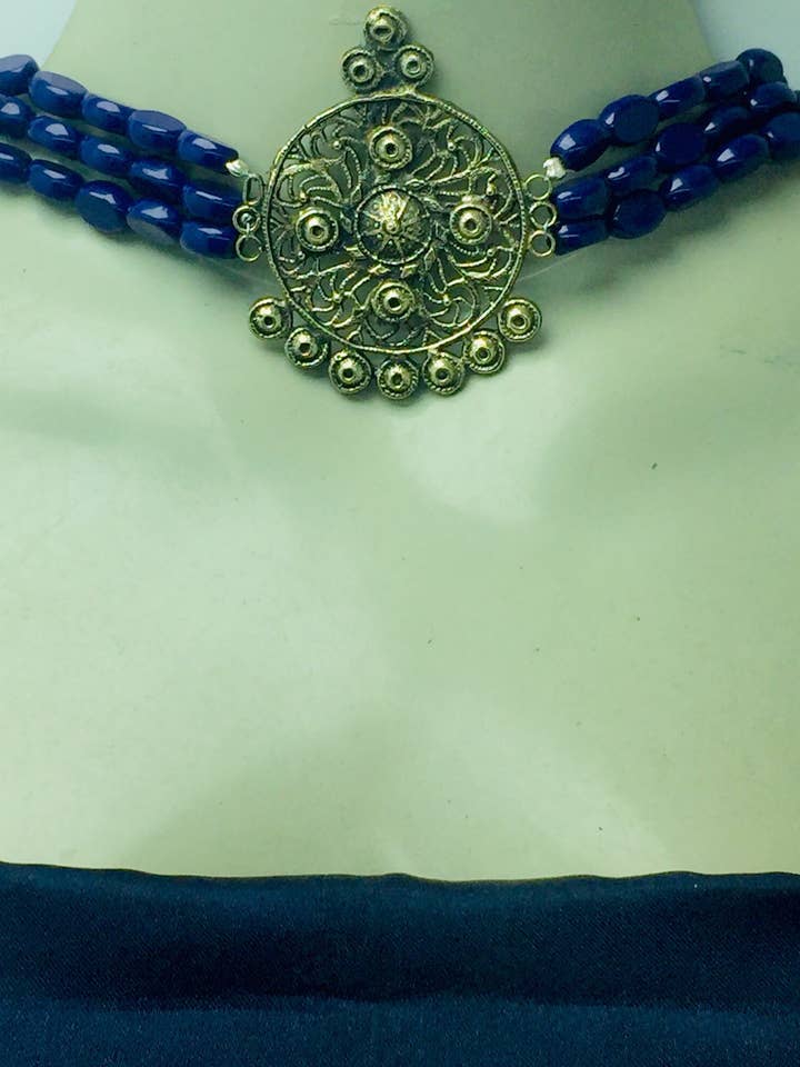 Tribal etniske blå Beaded Choker med øreringe og ringe for engroshandel hos vintarust