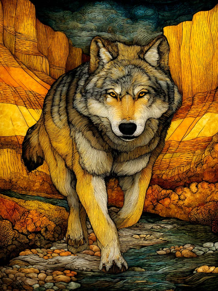 Stylized Running Wolf Wildlife Art Print - 8"x10" Artwork for 11"x14" Frame for wholesale by Mowbi