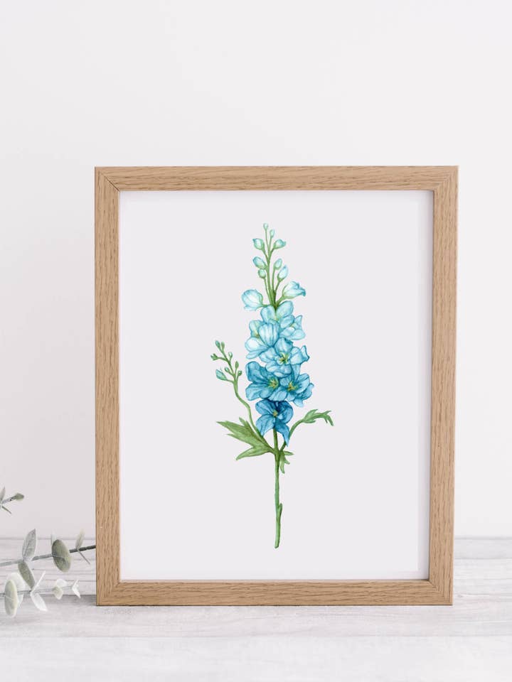 Blue Larkspur Flower Art print for wholesale by Emilia Rose Artwork LLC