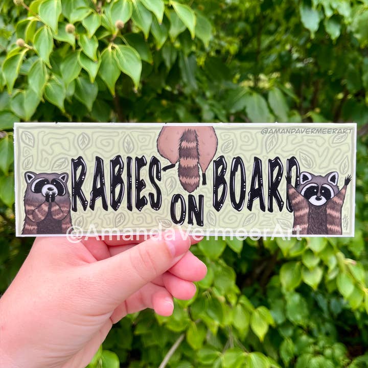 Rabies On Board Bumper Sticker, 2.5”x8" for wholesale by Amanda Vermeer Art