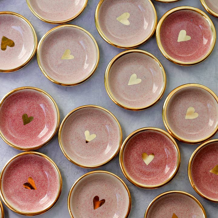 Apricity Ceramics – wholesale Jewellery dish – Pink Heart Ring Dish | Handmade Pottery trinket with Gold0
