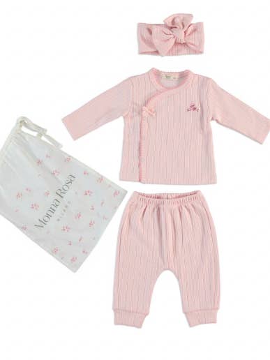3-teiliges Baby-Set aus Bio-Baumwolle mit rosafarbenem Blumenmuster für den Großhandel von Monna Rosa Milano LLC