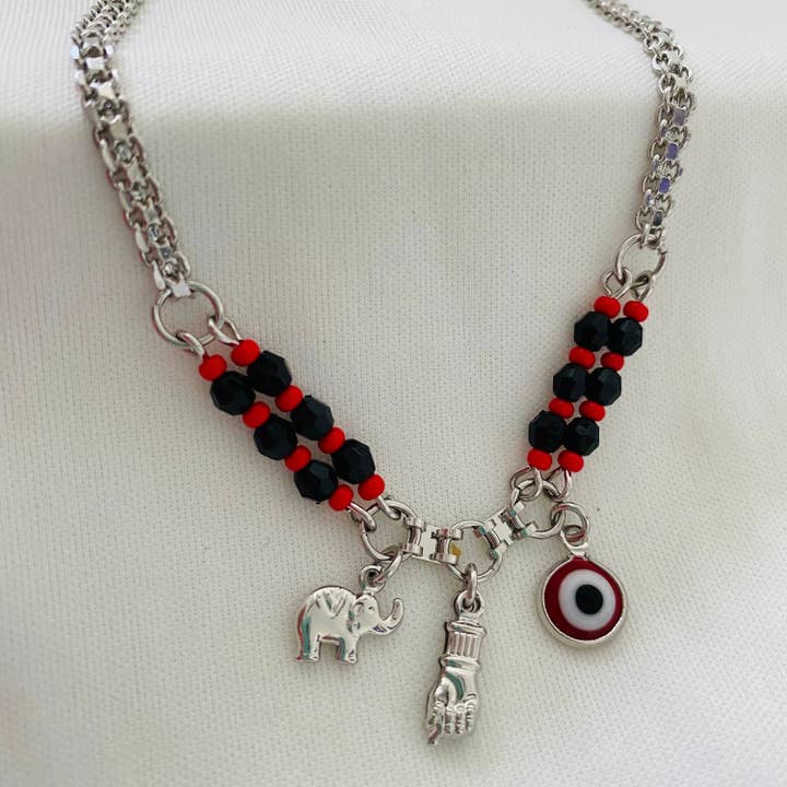 Silver Azabache Choker Necklace, Evil Eye Charm Necklace, Figa Hand for wholesale on Faire4