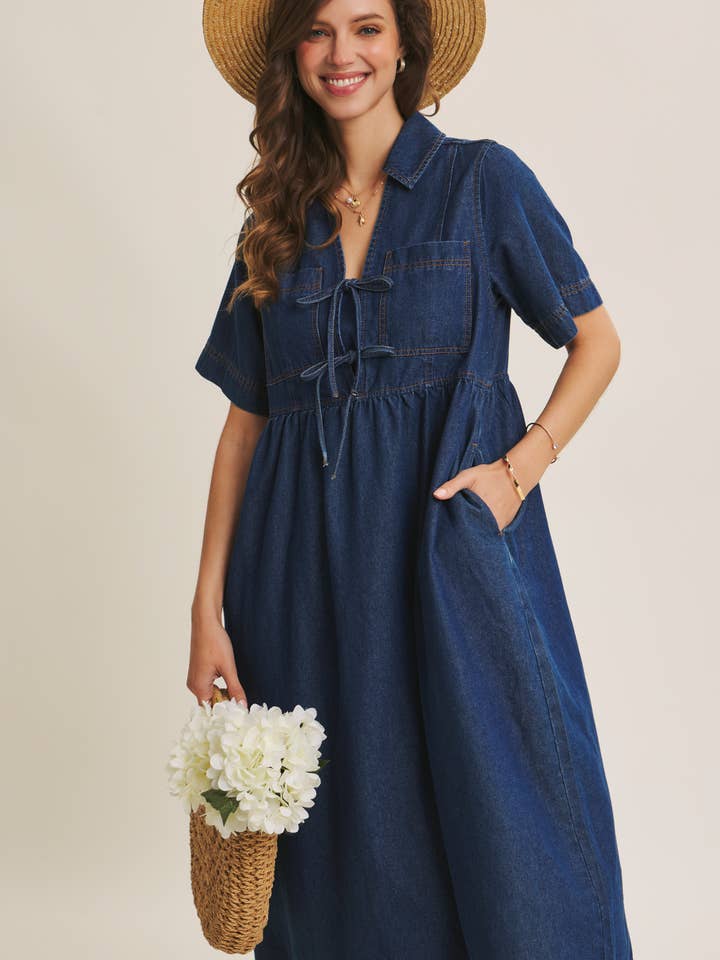 Saisonloser Favorit Dunkle Denim Gewaschene Babydoll-Midi mit Schleife für den Großhandel von in february