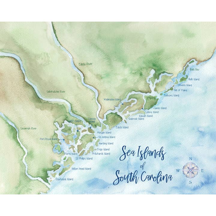 Sea Islands SC Hand-Painted Watercolor Map - Art Print for wholesale by Molly Joseph Fine Art