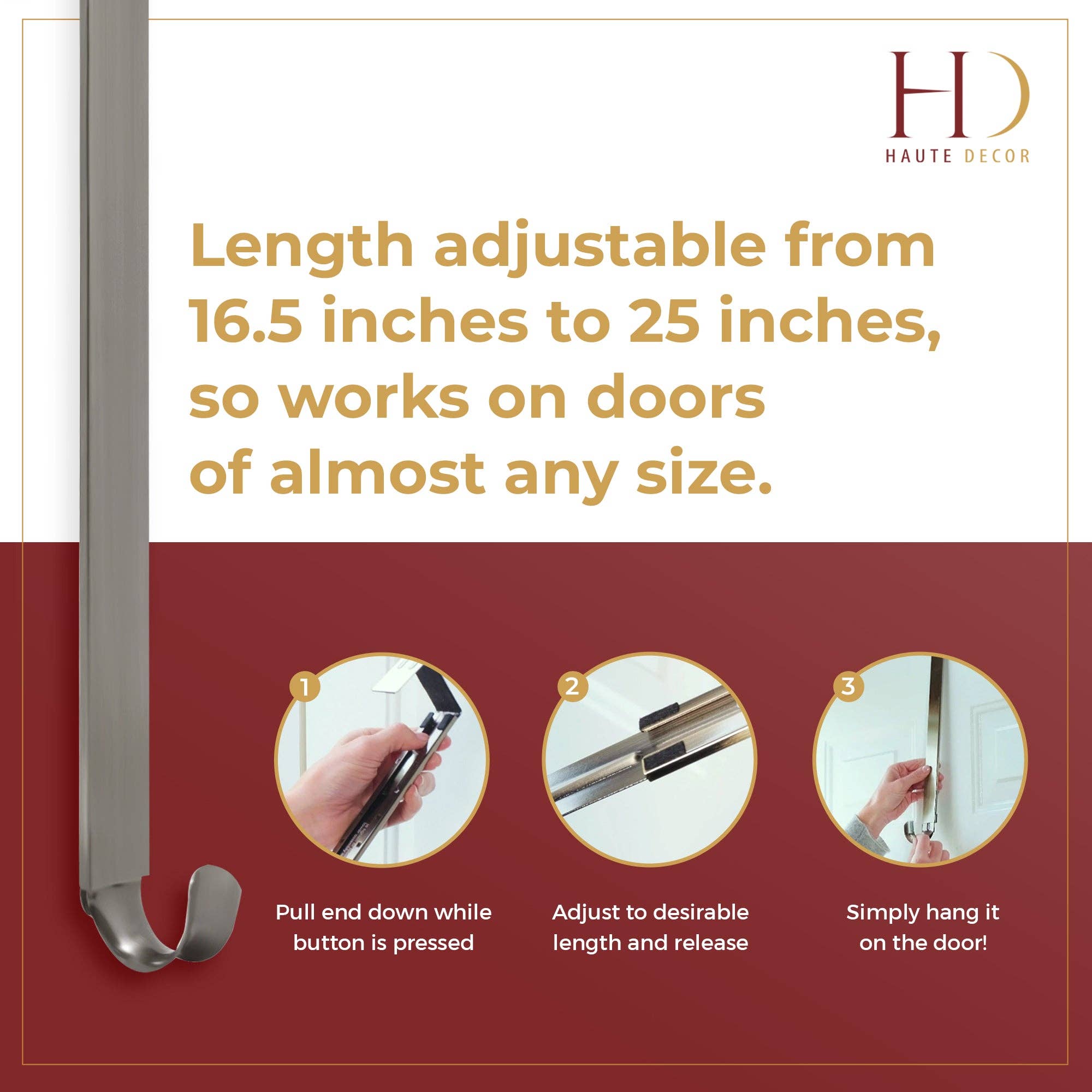 Haute Decor - Wholesale Door Hanger - Adapt™ Adjustable Length Wreath Hanger - Brushed Nickel7