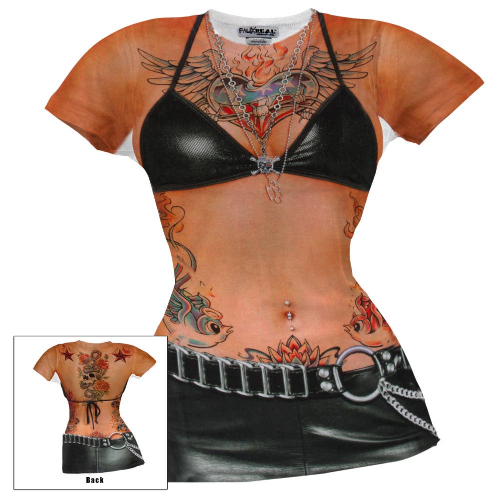 Official Store - Wholesale T-shirt met print - Dames - Faux Real - Zwart Leren & Tattoo Dames Juniors T-shirt0