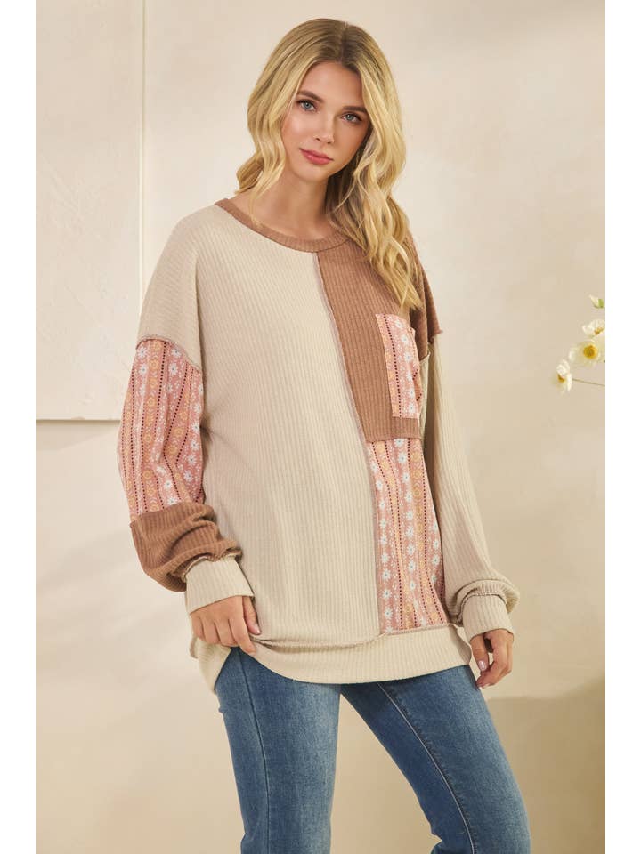 7th Ray - Wholesale Knit Top - Women's - Color Block Floral Patchwork Pullover Top T598913