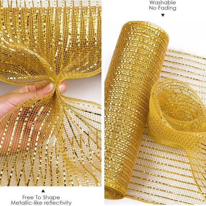 Posh Paper - Wholesale Ribbon - Gift Wrapping - Metallic Gold Poly Burlap Deco Mesh Ribbon Fabric Wrapping Ribbon, 10" x10 Yds5