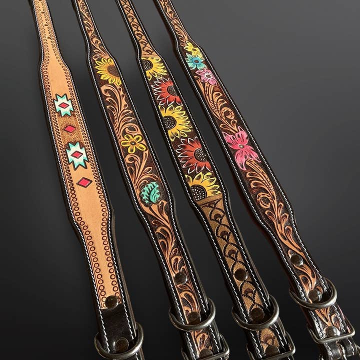 CLEARANCE Western Tooled Leather Sunflower Dog Collar MEDIUM for wholesale by Westrian International
